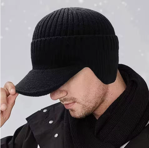 New Winter Men'S Hat – Outdoor Ear Protection Warm Knitted Cap with Windproof Visor, Thick Bicycle Scarf Cap for Men