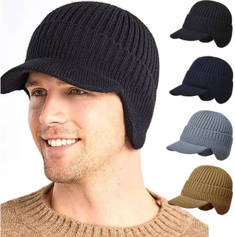 New Winter Men'S Hat – Outdoor Ear Protection Warm Knitted Cap with Windproof Visor, Thick Bicycle Scarf Cap for Men