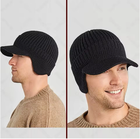 New Winter Men'S Hat – Outdoor Ear Protection Warm Knitted Cap with Windproof Visor, Thick Bicycle Scarf Cap for Men